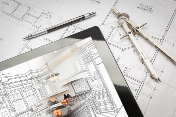 집 계획에 부엌 그림을 보여주는 컴퓨터 태블릿, 연필, 나침반 - drawing compass blueprint engineering architecture 뉴스 사진 이미지