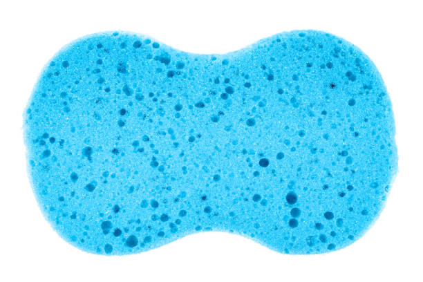 istock Top view of blue bath sponge on white background 1210634563