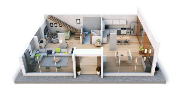 istock Modern home design with a wide social area, kitchen and dining room 3D render 1210637947