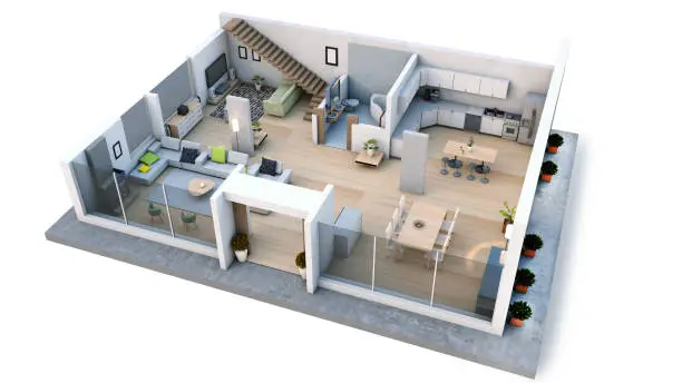 Modern interior design floor plan 3D render of a beautiful home