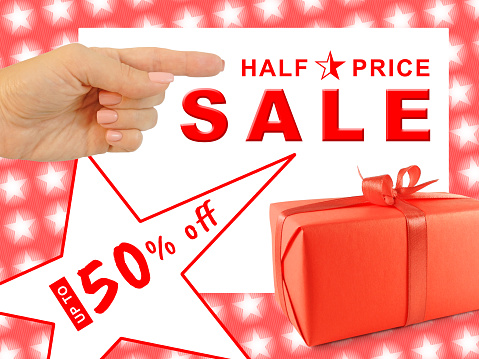 Sale banner with hand pointing to text and red gift box with ribbon on star background. Mixed media.
