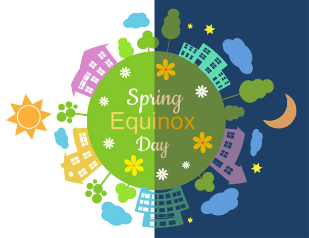 ilustraciones, imágenes clip art, dibujos animados e iconos de stock de equinoccio de primavera medio día medio día media noche - equinoccio de primavera