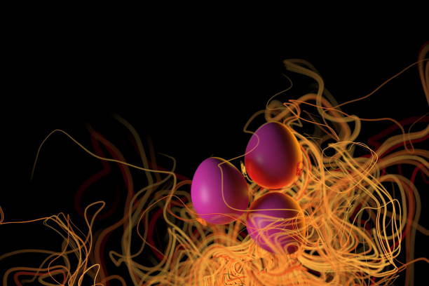 istock Happy Easter background with pink eggs surrounded by graceful ribbons in space. Invitation 3d illustration greeting card, ad, promotion, poster. Selective focus macro shot with shallow DOF 1210649142