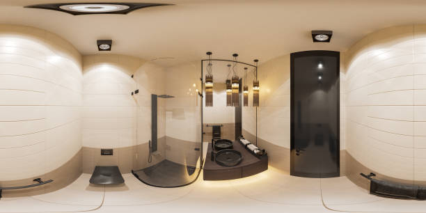 3d illustration interior design spherical 360 seamless panorama of the bathroom with a corner shower stock photo