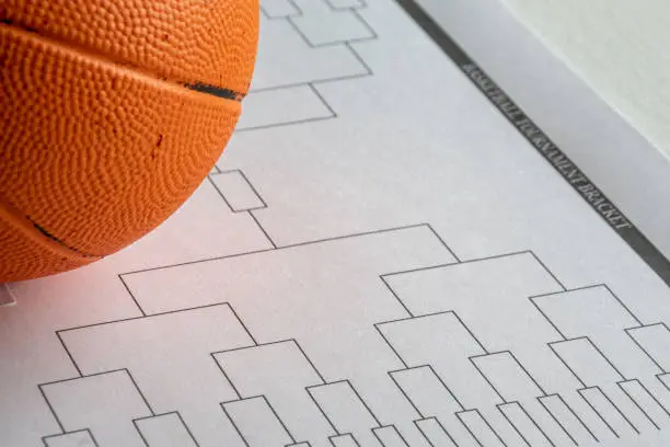 Close focus on basketball with defocused and discernible bracket in background