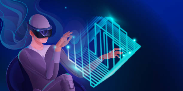 istock A woman in a virtual reality helmet plays, passing a virtual maze in a cube. Vector image of modern technologies for communication, games, creativity. Banner in blue tones. 1210652548