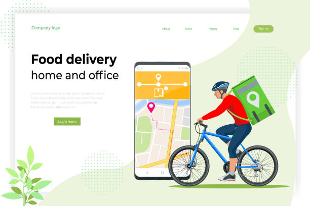 fahrradkurier, express-lieferservice. kurier auf fahrrad mit paketbox auf der rückseite liefert lebensmittel in der stadt. ökologische schnelle lieferung. city food lieferservice. online-bestellung. - talkie stock-grafiken, -clipart, -cartoons und -symbole