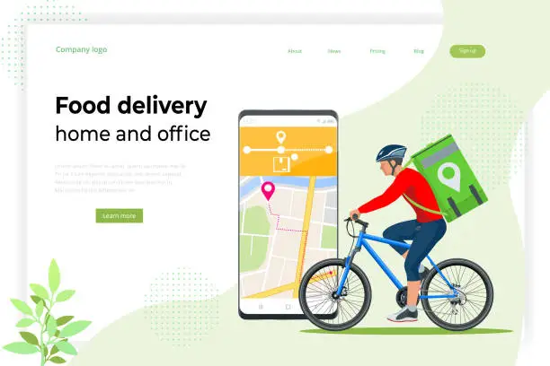 Vector illustration of Bicycle courier, Express delivery service. Courier on bicycle with parcel box on the back delivering food In city. Ecological fast delivery. City Food delivery service. Online ordering.