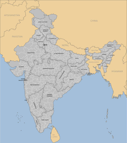 Vector template India country map divided on state Detailed vector India country outline border map isolated on background. Divided on state, region, area, province, territory, department for your report, infographic, backdrop, business concept. assam stock illustrations