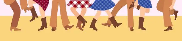 Vector illustration of Female and male legs in cowboy boots are knitted on a flat floor in a flat style. Vector illustration for a horizontal banner with tatsors in the American style. Western dance of people in traditional clothes.