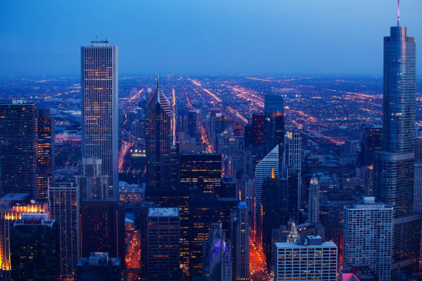 istock Chicago downtown evening dark time cityscape view 1210659351