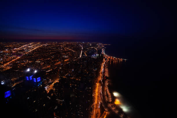 istock Chicago panorama on Concrete beach, i41 at night 1210659378