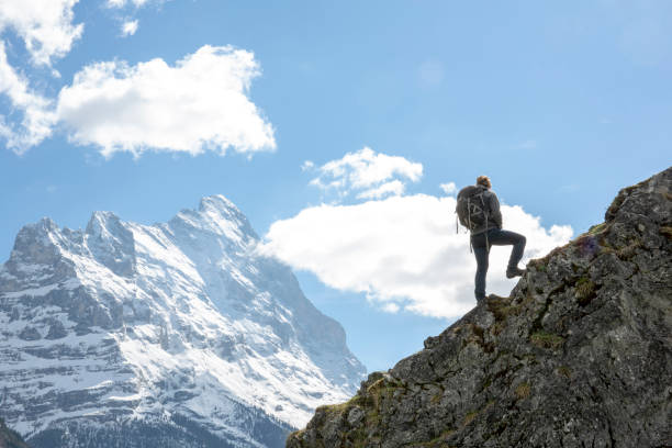 Male hiker climbs ridge crest above mountains He looks off to distant scene, Eiger N face in distance grindelwald photos stock pictures, royalty-free photos & images