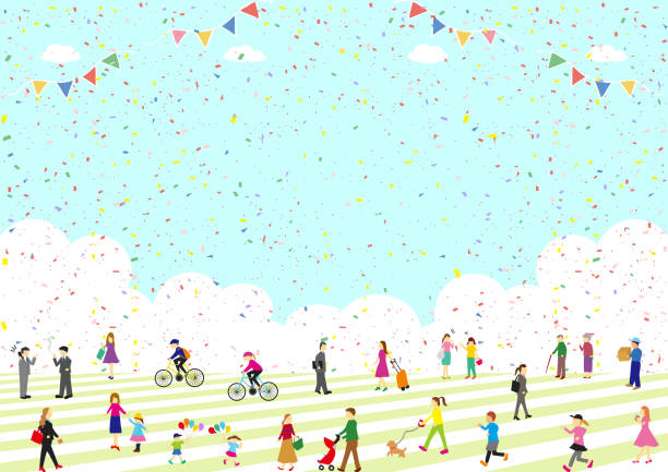 a lot of people confetti flags  festival a lot of people confetti flags  festival ticker tape stock illustrations