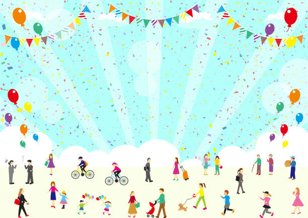 a lot of people confetti flags  festival a lot of people confetti flags  festival ticker tape parade stock illustrations