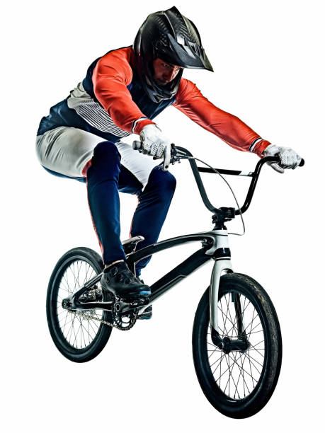 bmx 레이서 맨 실루엣 고립 된 화이트 배경 - bmx cycling 뉴스 사진 이미지