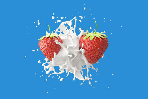 istock Explosion liquid Milk cream with Strawberry fruit on blue background. 3D Render. 1210670819