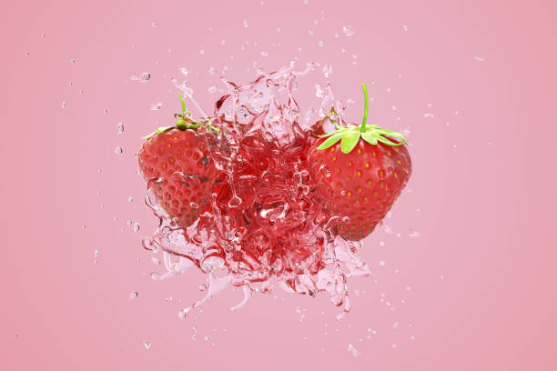 Explosion Strawberry juicy liquid with Strawberry fruit on pink background. 3D Render.