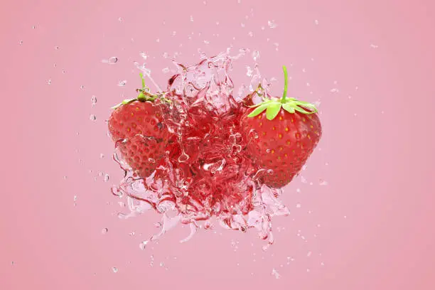 Photo of Explosion Strawberry juicy liquid with Strawberry fruit on pink background. 3D Render.