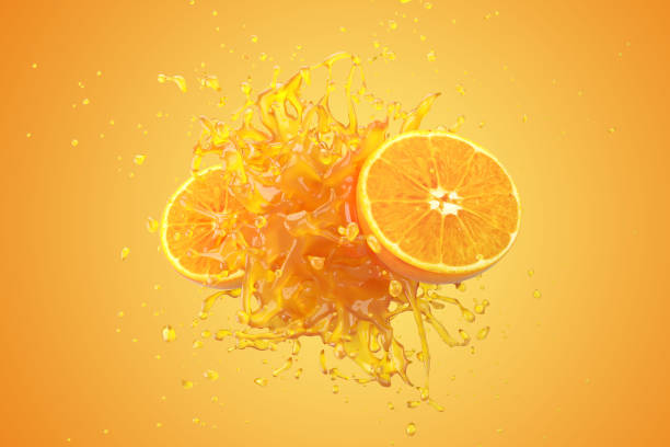 explosion orangensaft flüssigkeit mit orangenfrucht auf gelbem grund. 3d-rendern. - orange frucht stock-fotos und bilder