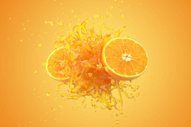 líquido de jugo de naranja de explosión con fruta de naranja sobre fondo amarillo. renderizado 3d. - zumo de naranja fotografías e imágenes de stock