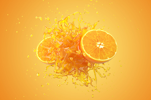 Explosion Orange juice liquid with Orange fruit on yellow background. 3D Render.