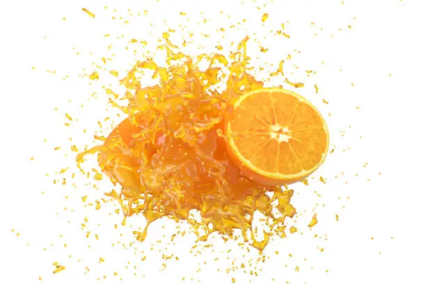 Photo of Explosion Orange juice with Orange fruit on white background. 3D Render.