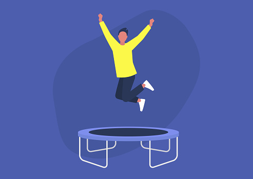 Young excited male character jumping on a trampoline and expressing positive emotions, having fun, good vibe