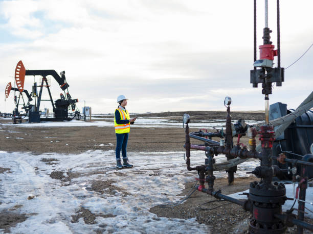 asian female oil worker using tablet pc asian female oil worker using tablet pc at oil field of Saskatchewan,Canada. oil pump petroleum equipment development stock pictures, royalty-free photos & images