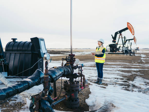 istock Female Oil Worker at oil field with folder 1210680510
