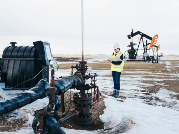 istock Female Oil Worker at oil field with folder 1210680533