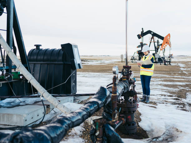 istock Female Oil Worker at oil field with folder 1210680604