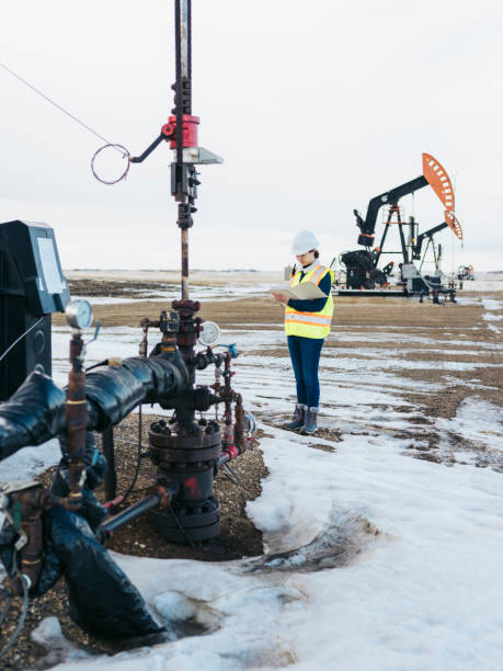 istock Female Oil Worker at oil field with folder 1210680611