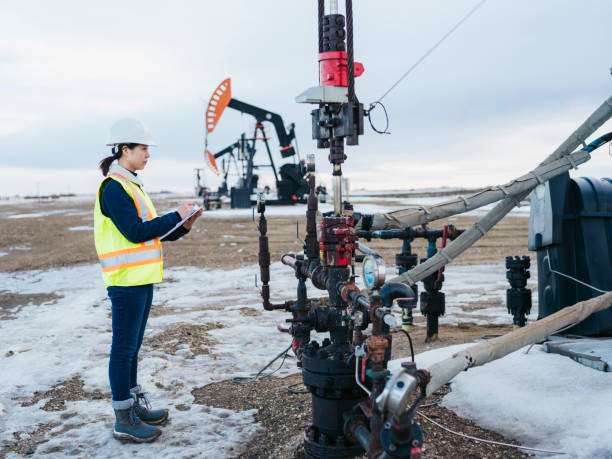 istock Female Oil Worker at oil field with folder 1210680816