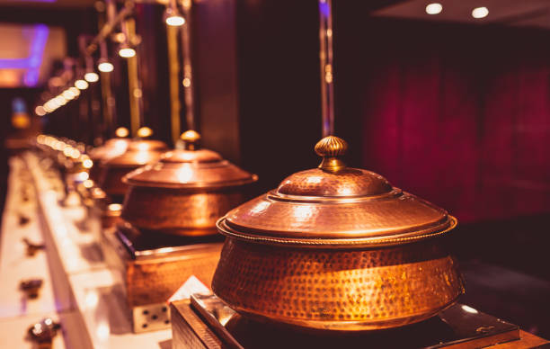 antique style utensils placed in a row at a marriage hall. - real food imagens e fotografias de stock