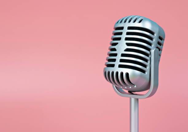 Microphone retro with copy space on pink background stock photo