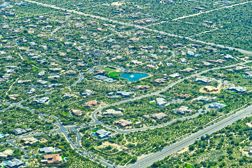 Overhead view of luxury homes in Scottsdale, a north eastern suburb of Phoenix, Arizona