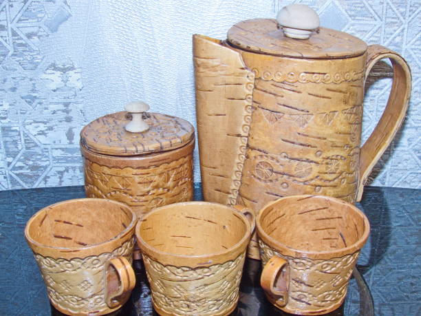istock Cups and kettle of birch bark. Kitchenware. Folk craft Russia. Retro. Products from Birch bark were made by most societies well before pottery was invented. 1210695517