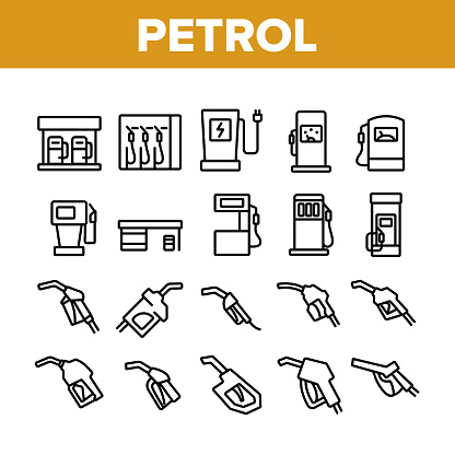Petrol Station Tool Collection Icons Set Vector. Automobile Petrol Fuel Service Equipment And Nozzle, Gas, Diesel And Electricity Concept Linear Pictograms. Monochrome Contour Illustrations