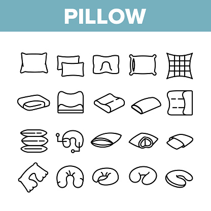 Pillow Orthopedic Collection Icons Set Vector. Comfortable Bed Pillow Memory Foam And Feather, Accessory For Travel And Bedroom Concept Linear Pictograms. Monochrome Contour Illustrations