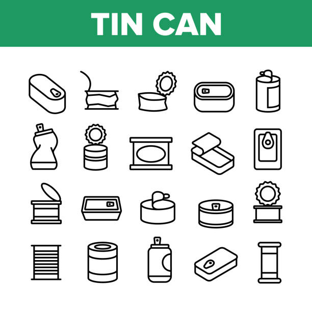 ilustraciones, imágenes clip art, dibujos animados e iconos de stock de iconos de la colección de contenedores de lata candente conjunto vector - lata de refresco