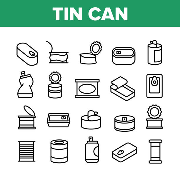 Tin Can Container Collection Icons Set Vector Tin Can Container Collection Icons Set Vector. Metallic Tin Can Package For Freshness Drink And Pickled Food, Closed And Opened Concept Linear Pictograms. Monochrome Contour Illustrations tin can stock illustrations