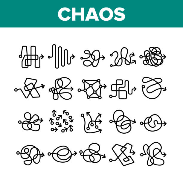 Chaos Arrow Movement Collection Icons Set Vector Chaos Arrow Movement Collection Icons Set Vector. Confused Complicated Way As Chaos Or Problem, Chaotic Direction, Negative Space Concept Linear Pictograms. Monochrome Contour Illustrations complexity stock illustrations