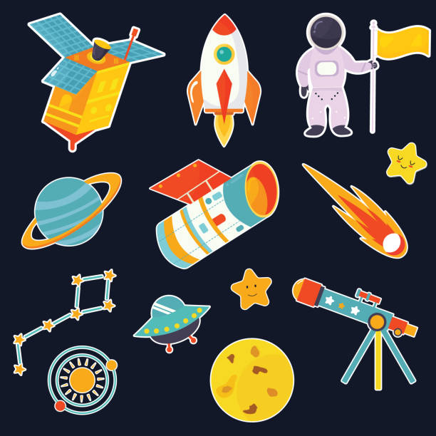 ilustraciones, imágenes clip art, dibujos animados e iconos de stock de gran conjunto de iconos cósmicos en un estilo gordo - voyager nave espacial