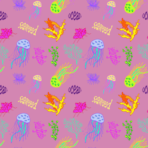 illustrazioni stock, clip art, cartoni animati e icone di tendenza di modello sottomarino senza cuciture: meduse e coralli, alghe. utilizzare per sfondi, stampe su tessuto, carta, ecc. - water plant coral sea jellyfish