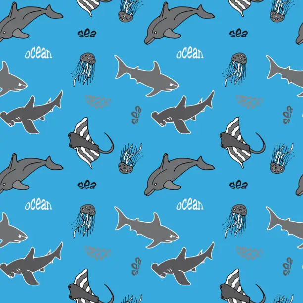 Vector illustration of Sea world seamless pattern: shark, dolphin, stingray and shark hammer, jellyfish. Use for backgrounds, prints on fabric, paper, etc.