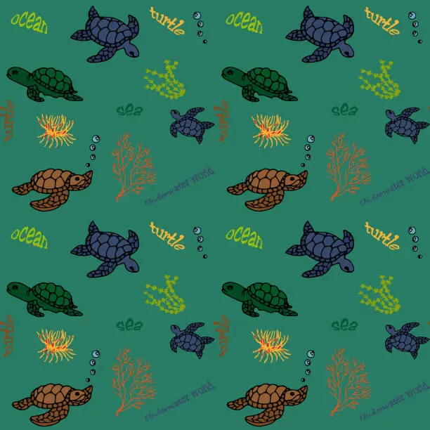 Vector illustration of Seamless pattern turtles and algae. use for backgrounds, prints on fabric, paper, etc.