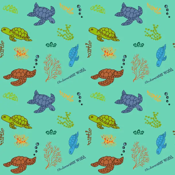Vector illustration of Seamless pattern turtles and algae. use for backgrounds, prints on fabric, paper, etc.