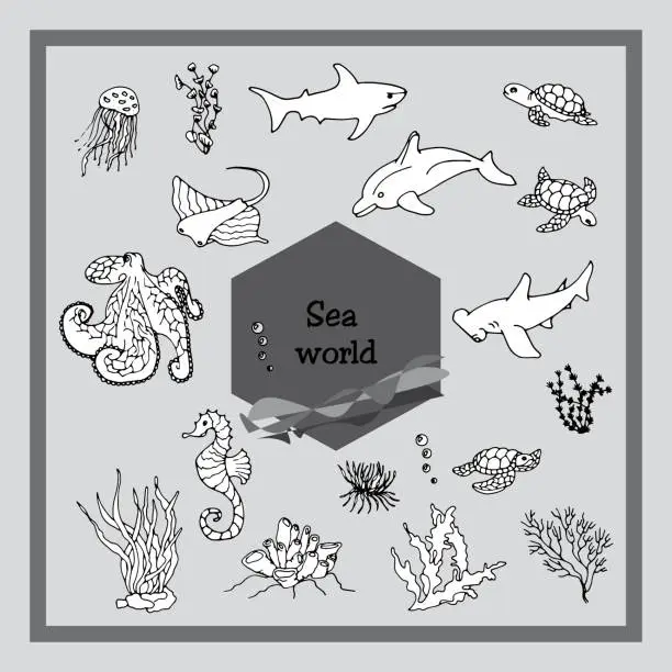 Vector illustration of Set of vector sketches of representatives of the water world: shark, dolphin, meuse, octopus, stingray, fish hammer, seahorse corals and algae