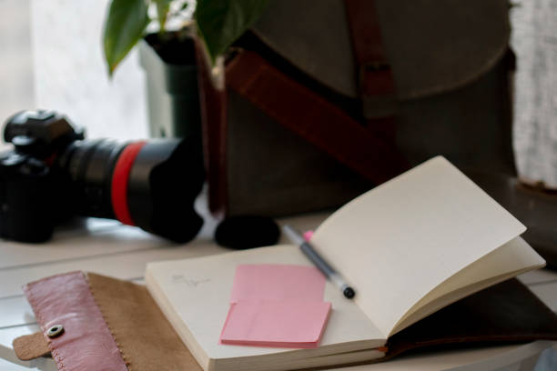 istock camera, suitcase and notebook on table in front of window 1210714396